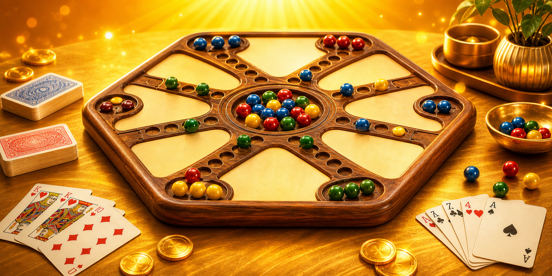 A wooden Jackaroo-style board with marbles and playing cards on a tabletop.