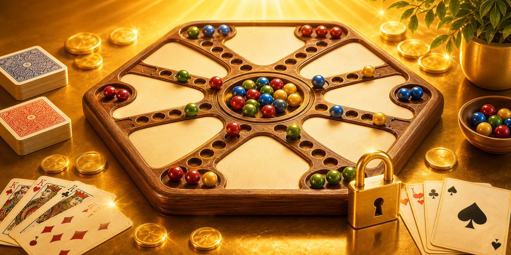 A Jackaroo-style board game with marbles, playing cards, and a brass lock token.