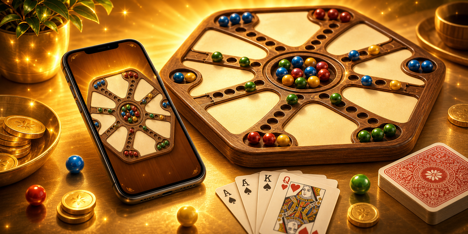 A smartphone showing a board game with marbles and playing cards nearby.